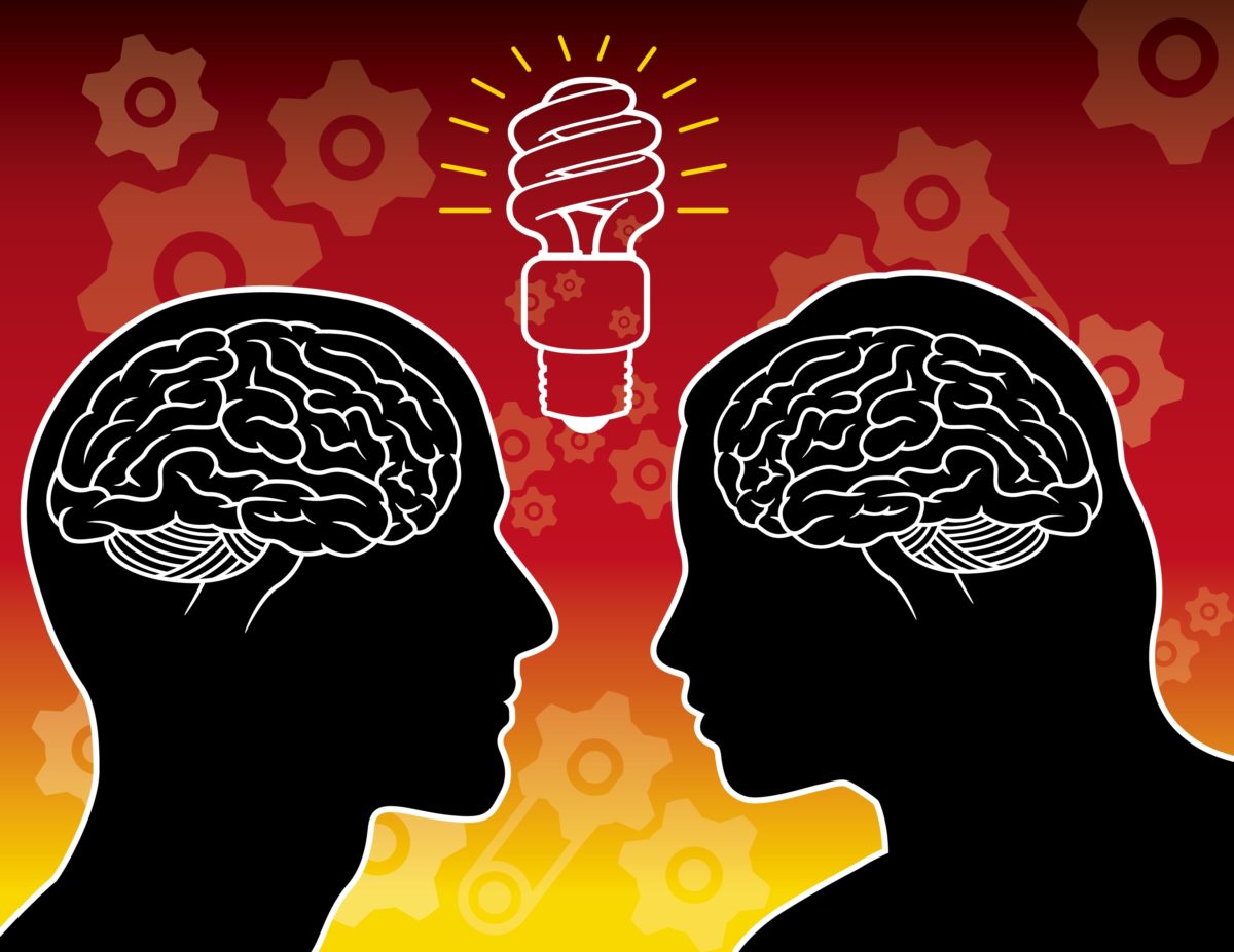 SIlhouettes of a couple showing their brains and an "idea" lightbulb between them