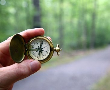 Individual Psychotherapy for Adults - image of compass showing the direction to take on a wooded path