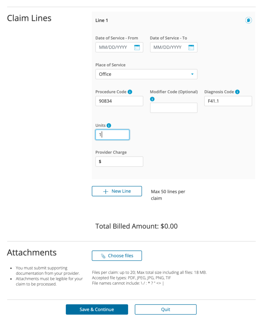 Example of an online insurance claim submission for therapy, with some of the information filled in