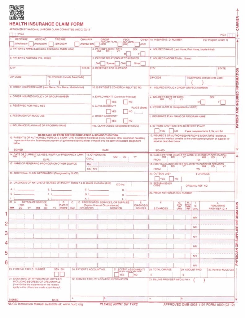 Health Insurance Claim Form (HCFA), also called CMS-1500