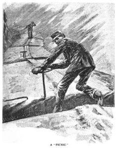 A train brakeman riding the top of a railroad train in bad weather.